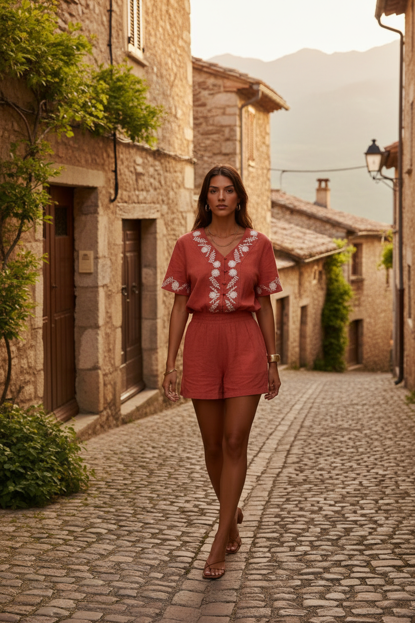 Mono corto terracota de algodón con bordado floral en look casual chic femenino mediterráneo. STRANNA