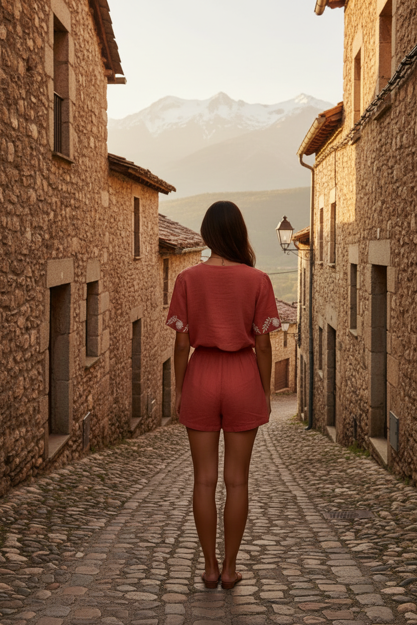 Vista trasera de mono corto terracota mujer con cintura elástica y estilo mediterráneo sofisticado. STRANNA