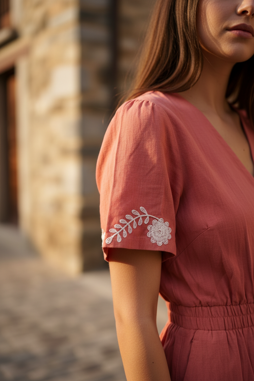 Mono corto mujer con mangas fluidas y bordados florales en tono terracota elegante. STRANNA
