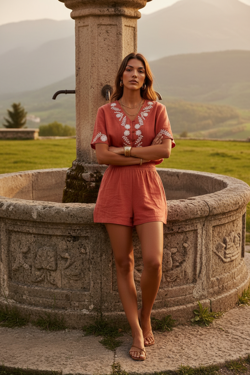 Mujer con mono terracota bordado artesanal combinado con accesorios naturales en look elegante verano. STRANNA