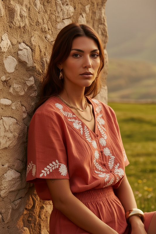 Mujer con mono corto terracota bordado estilo mediterráneo elegante en paisaje rural de verano. STRANNA