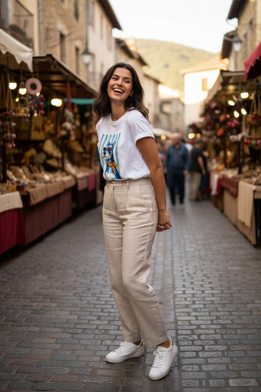 Mujer caminando con camiseta estampada Riviera Dog y pantalón beige, conjunto casual chic mujer perfecto para un armario elegante de inspiración francesa.