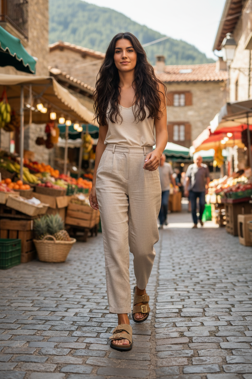 Mujer con outfit elegante casual y sandalias mediterráneas caminando por mercado tradicional