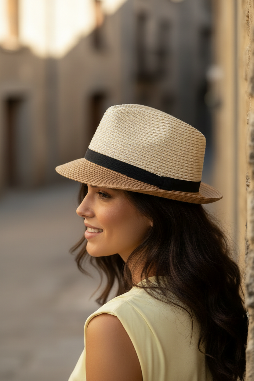 Mujer con outfit elegante verano y sombrero de paja bicolor estilo casual chic mediterráneo