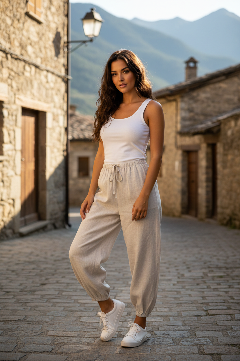 Mujer con pantalón fluido color crema y outfit femenino inspirado en moda francesa y mediterránea.