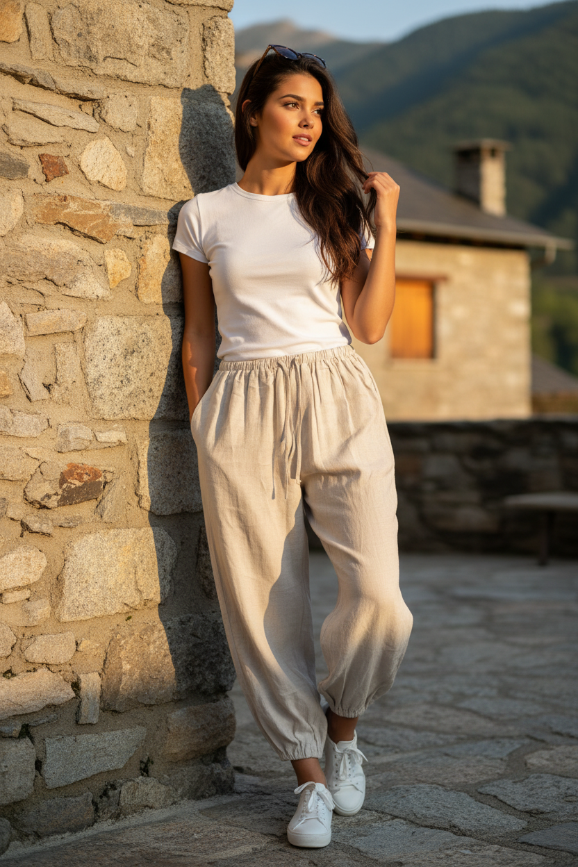 Mujer con pantalón fluido color crema de lino y viscosa en look casual chic mediterráneo
