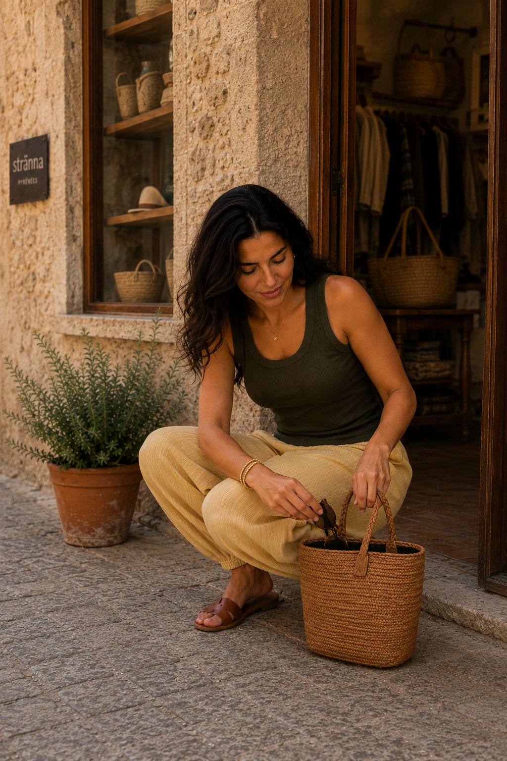 Pantalón bombacho amarillo vainilla de caída fluida y bajo recogido, combinado con top verde oliva y bolso de fibras naturales en un look de moda femenina elegante y mediterránea | STRANNA