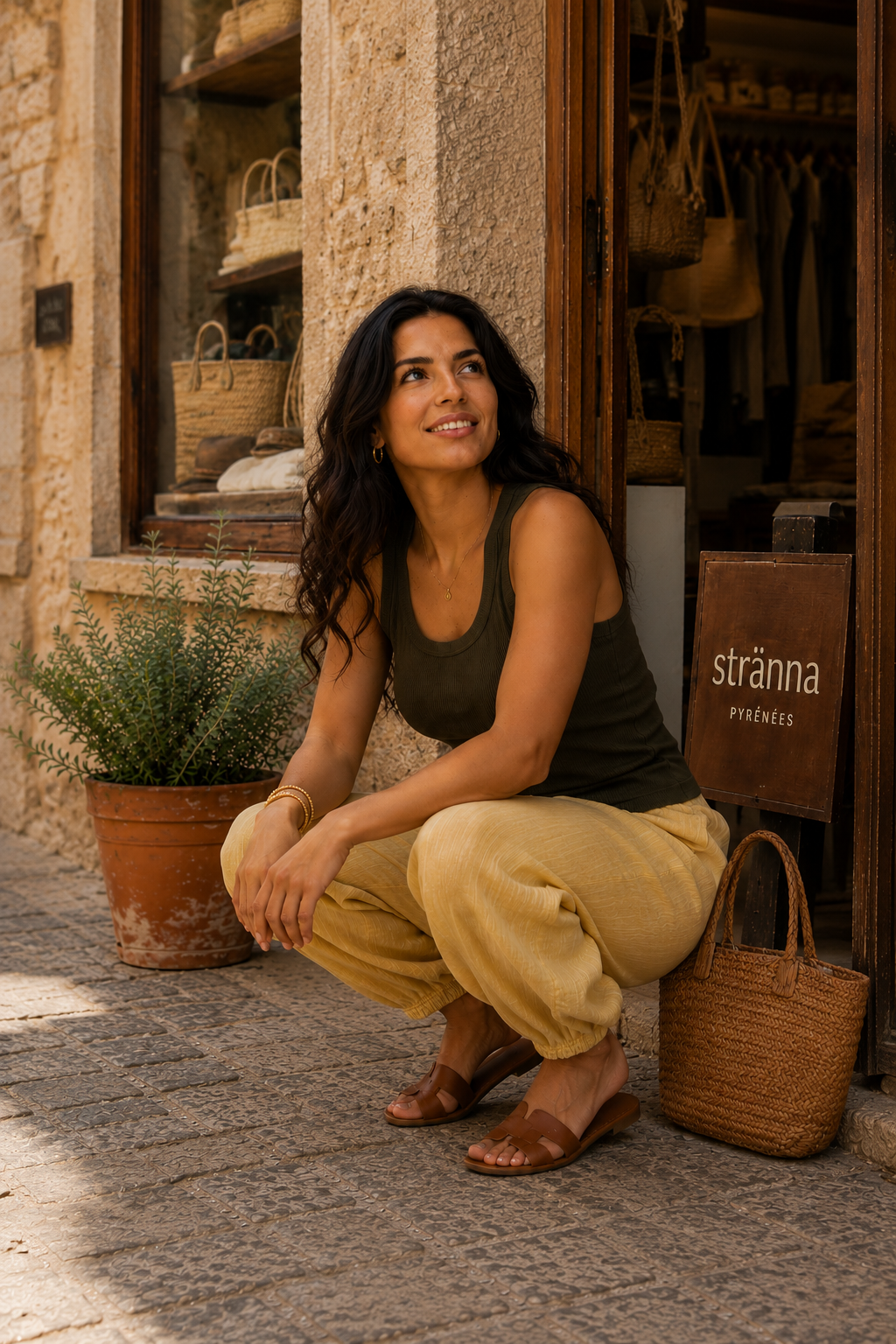 Pantalón bombacho amarillo vainilla de pernera amplia y acabado globo en el tobillo, llevado con top verde oliva y complementos naturales en un look casual chic de mujer | STRANNA