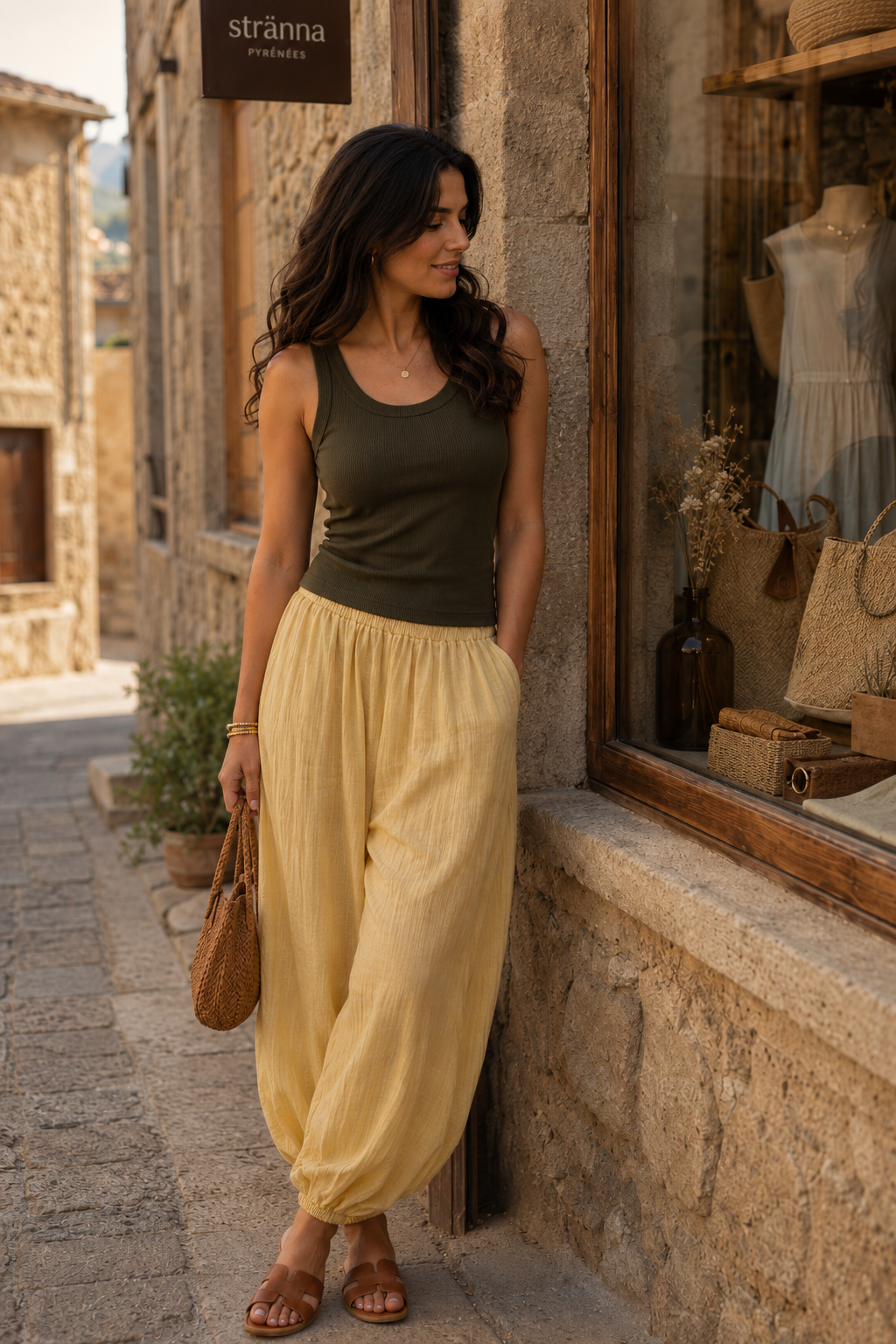 Pantalón bombacho amarillo vainilla con cintura fruncida y tejido ligero, combinado con camiseta de canalé verde y sandalias de cuero para un outfit elegante de mujer con aire parisino | STRANNA