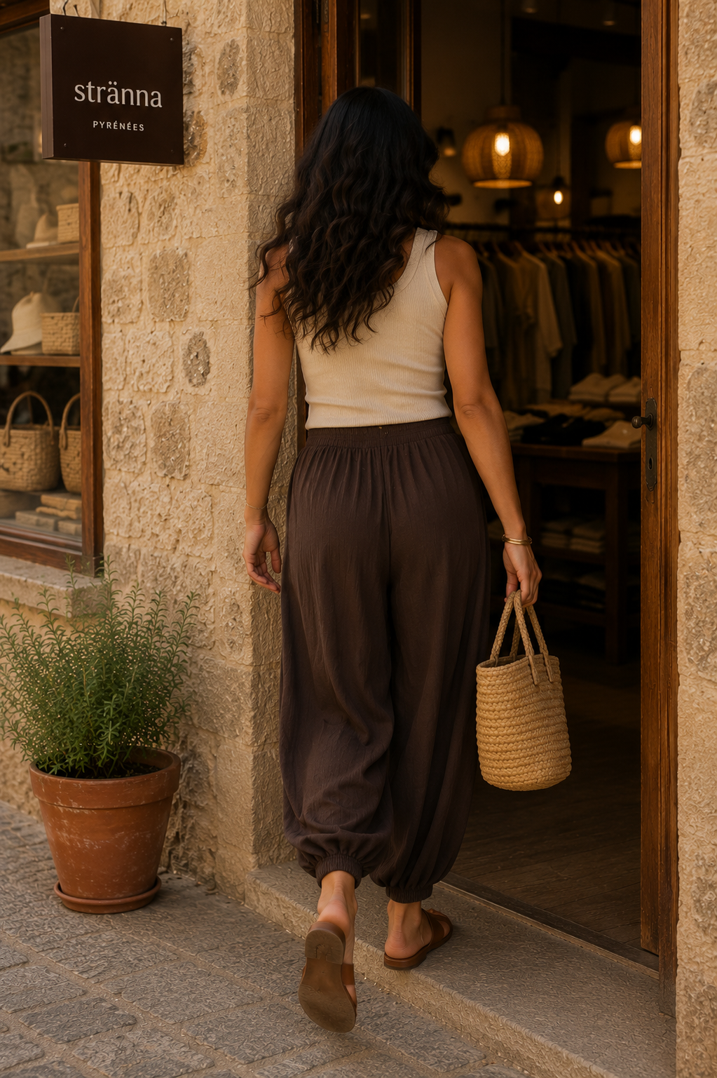 Vista trasera de pantalón bombacho marrón chocolate con tejido fluido, cintura fruncida y tobillos recogidos, combinado con top beige y bolso natural en un look mediterráneo de mujer | STRANNA