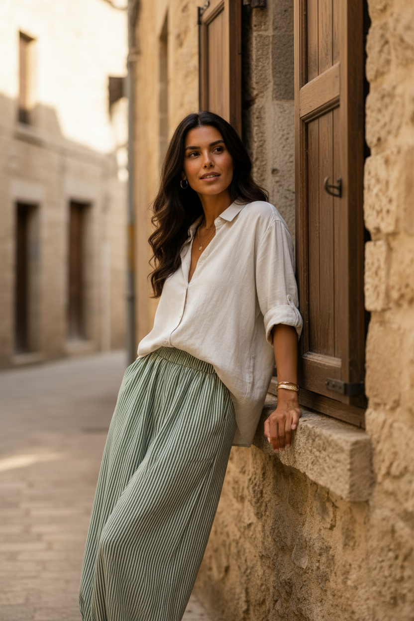 Conjunto de verano con pantalón bombacho de rayas finas verde y blanco, camisa blanca oversize, bolso de rafia y sandalias camel, un outfit de moda femenina elegante con estilo francés y aire relajado. STRANNA