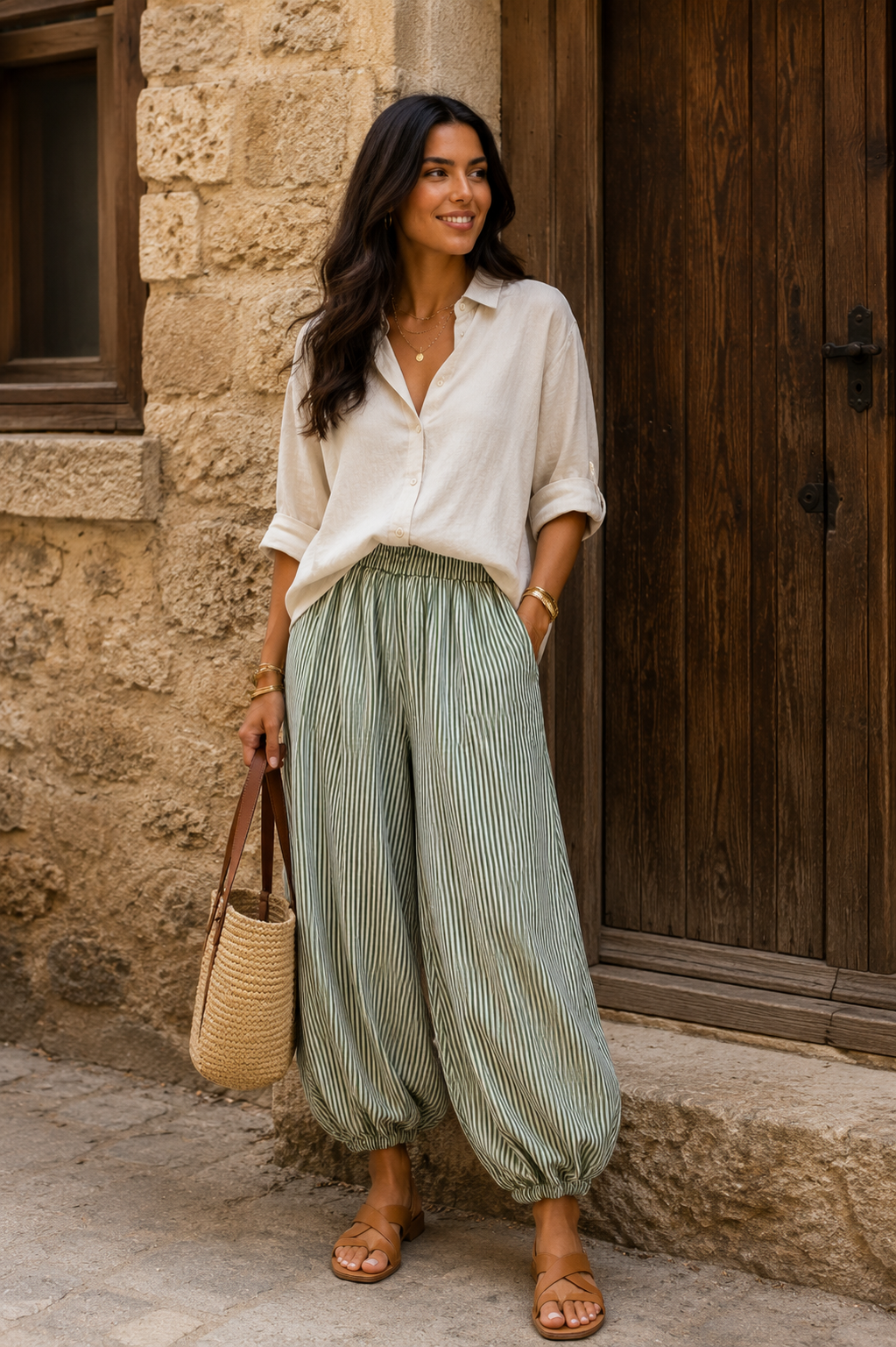 Pantalón bombacho de rayas finas verde y blanco combinado con camisa blanca oversize, bolso de rafia y sandalias planas camel para un look boho chic de moda femenina elegante y estilo mediterráneo de verano. STRANNA