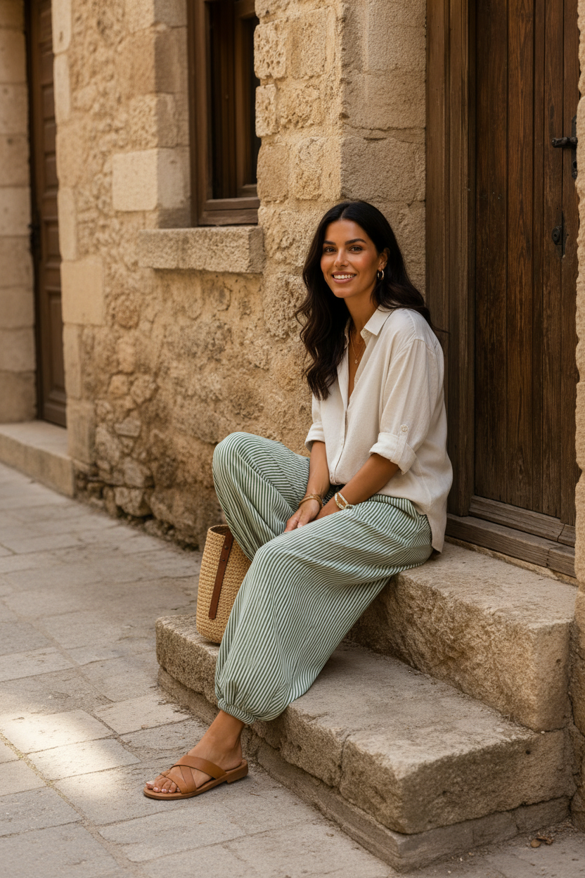 Pantalón bombacho de rayas verdes combinado con camisa blanca ligera, bolso de rafia artesanal y sandalias planas para un look de verano elegante, cómodo y de inspiración mediterránea. STRANNA