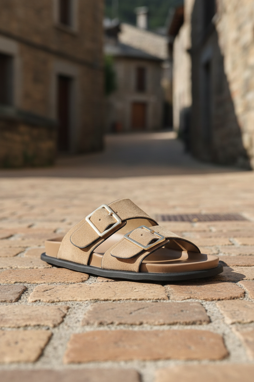 Sandalias cómodas para mujer sobre suelo de piedra en un entorno mediterráneo de verano