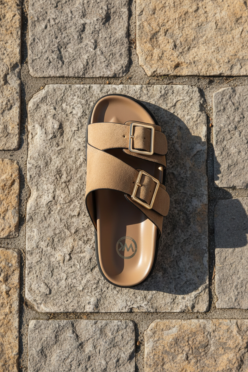 Vista superior de sandalias planas casual chic para mujer con tiras anchas ajustables y suela negra