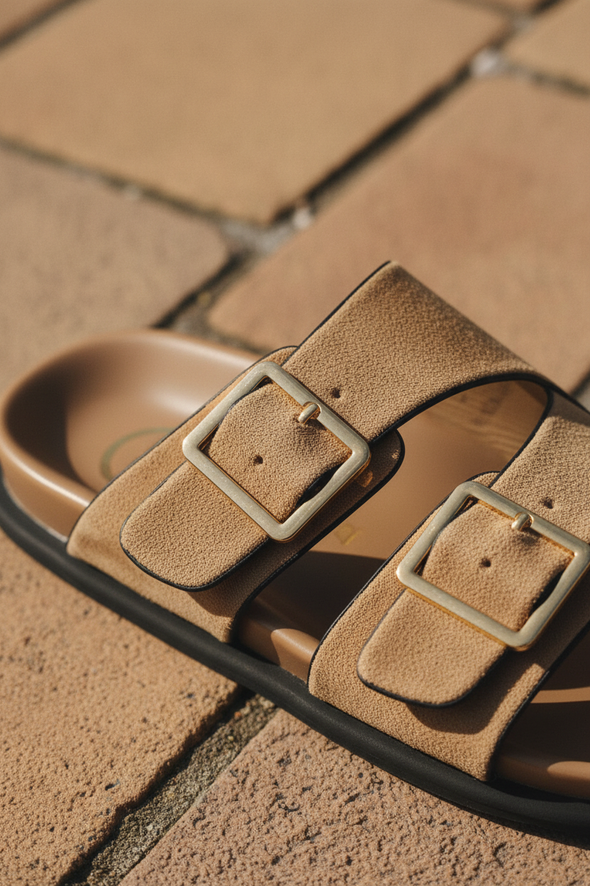 Primer plano de sandalias elegantes para mujer en tono tostado con textura aterciopelada y hebillas metálicas