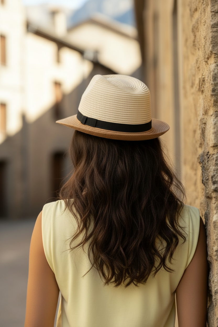 Vista trasera de sombrero elegante para mujer estilo francés con cinta negra y diseño verano mediterráneo
