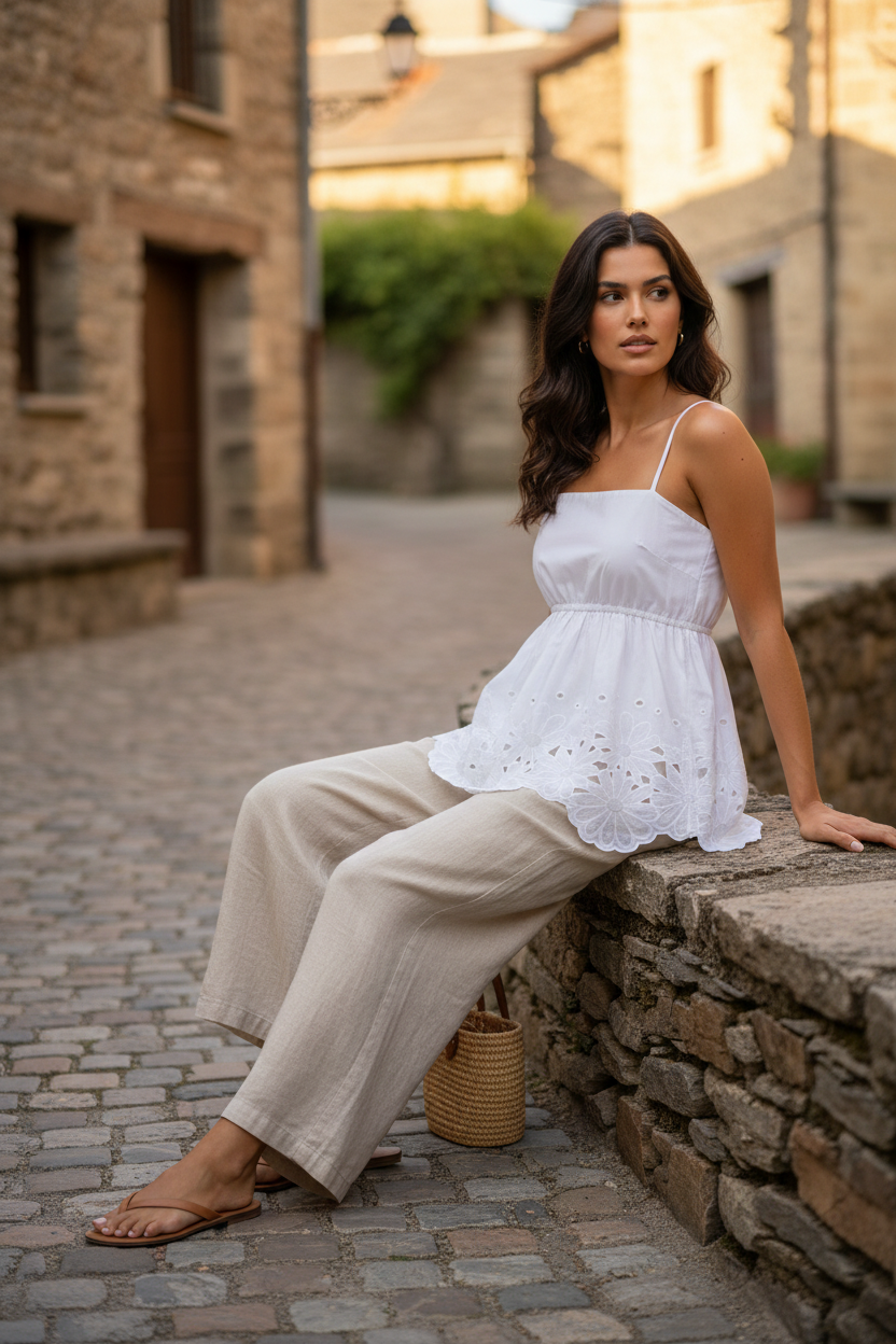Top de algodón blanco con delicado bordado calado floral y acabado festoneado combinado con pantalón fluido beige y sandalias para un look relajado de verano. Moda femenina elegante, outfit casual chic y estilo francés mujer con esencia mediterránea. STRANNA