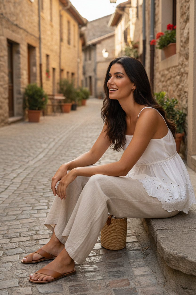 Top blanco de algodón con elástico en la cintura y bordado floral calado que aporta textura y elegancia, combinado con pantalón beige de lino y sandalias para un outfit casual chic. Moda femenina elegante, estilo francés mujer y ropa de verano con inspiración mediterránea. STRANNA