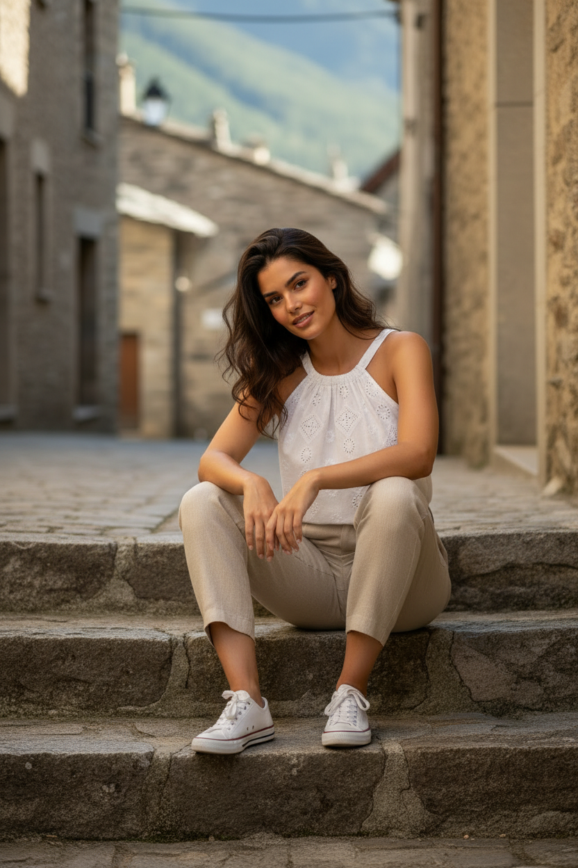 top bordado inglés geométrico blanco mujer elegante casual