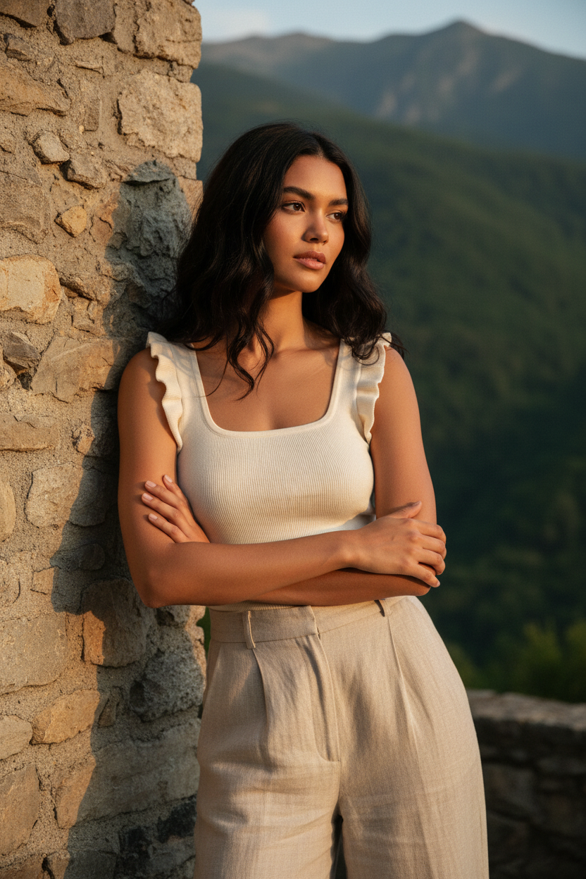 Mujer con top crudo de tirantes con volantes y pantalón fluido beige en look mediterráneo elegante.