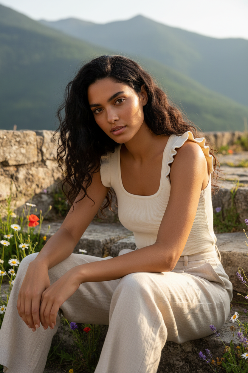 Top crudo de mujer con cuello cuadrado y volantes en look elegante relajado de verano.