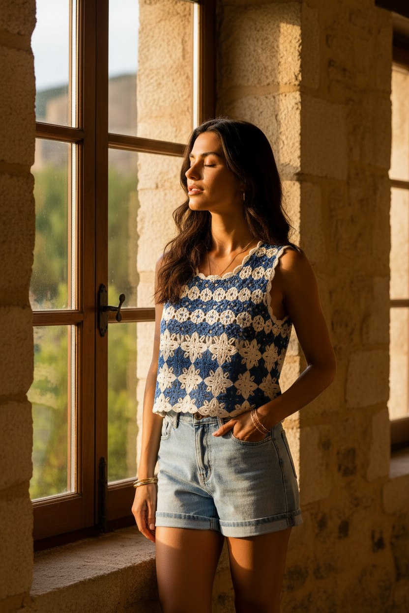 Top artesanal de crochet con flores azul klein y blanco combinado con short vaquero, sandalias planas y complementos naturales en un outfit mediterráneo de verano. Moda femenina elegante con un aire relajado y sofisticado. STRANNA