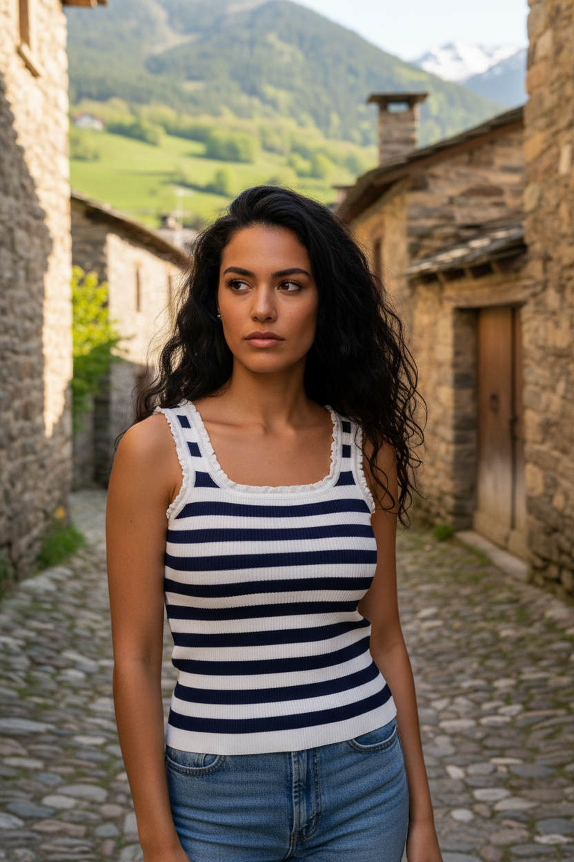 Top de rayas marineras mujer elegante para verano combinado con pantalón vaquero de tiro alto.