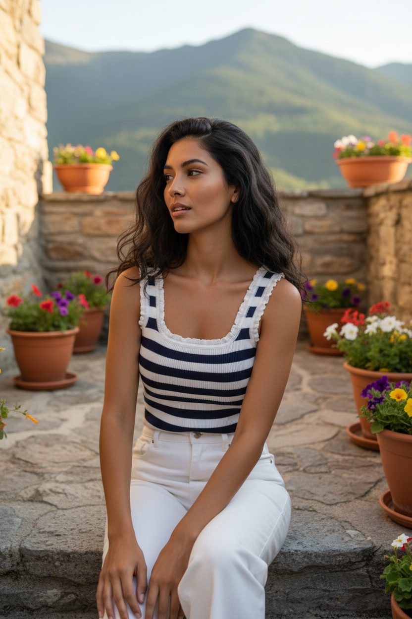 Mujer con top marinero azul y blanco inspirado en moda francesa y estilo mediterráneo sofisticado.