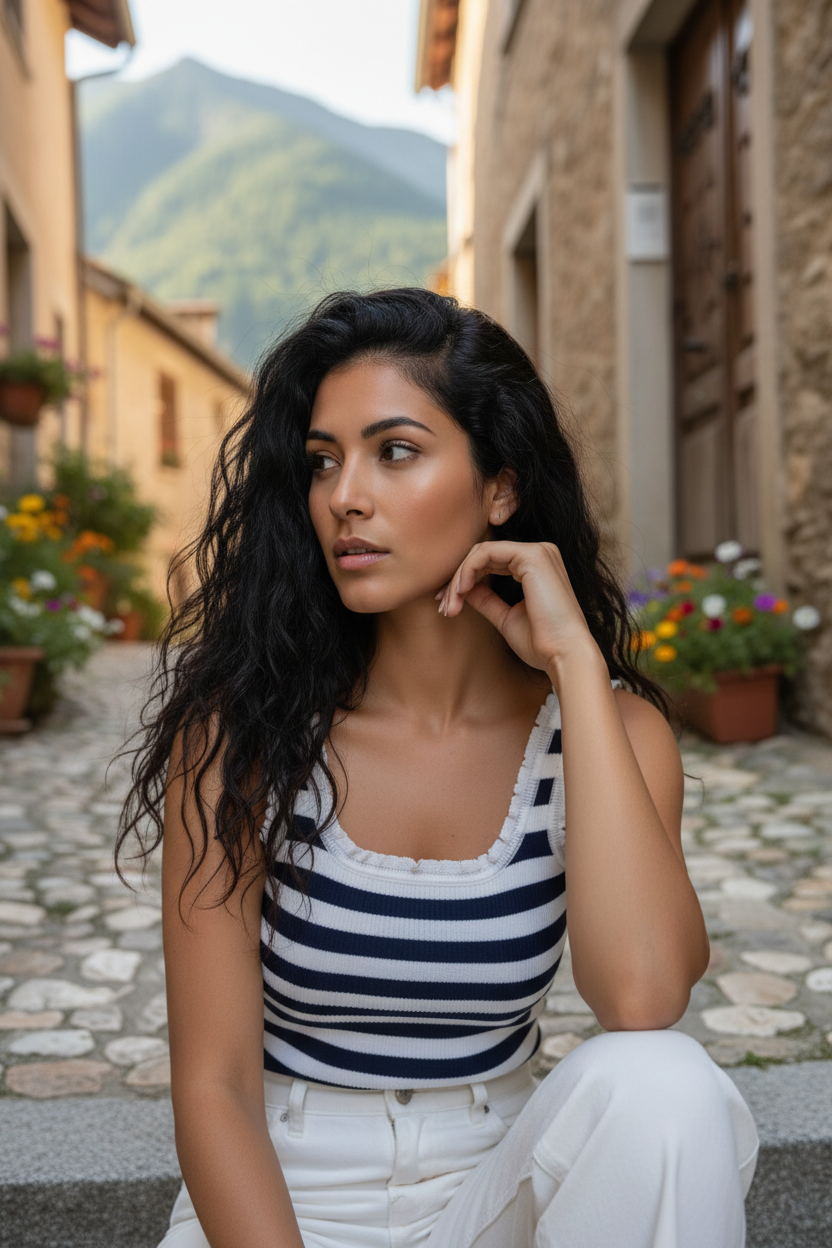 Mujer con top de rayas marineras azul marino y blanco estilo casual chic mediterráneo en calle de pueblo mediterráneo