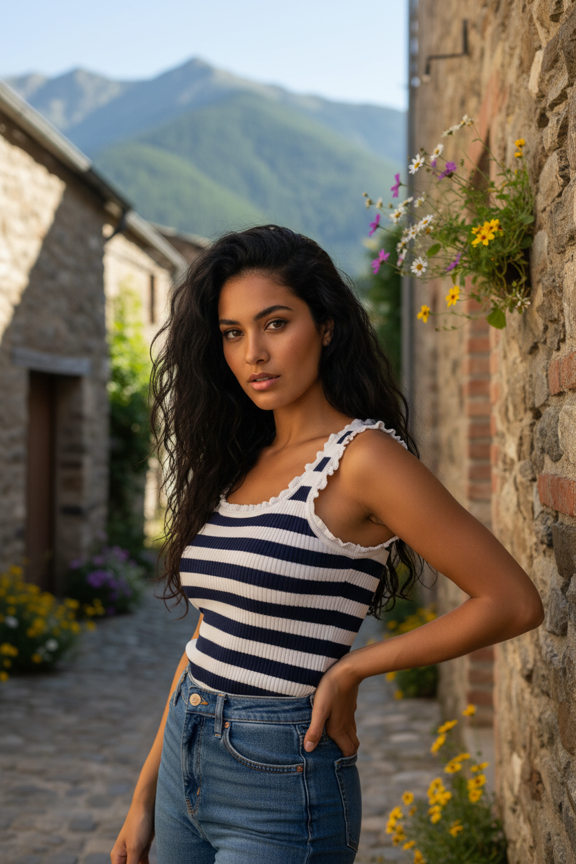 Mujer con top de tirantes rayas marineras combinado con jeans en look elegante mediterráneo femenino.