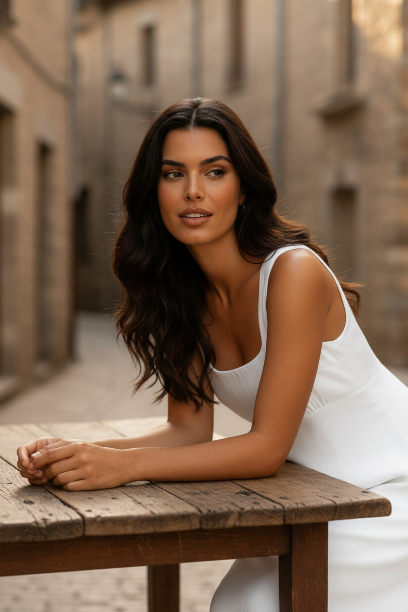 Vestido blanco de viscosa con tirantes anchos y corte fluido, combinado con sandalias y bolso de rafia junto a un coche descapotable clásico. Un look casual chic de moda femenina elegante para disfrutar del verano con estilo. STRANNA