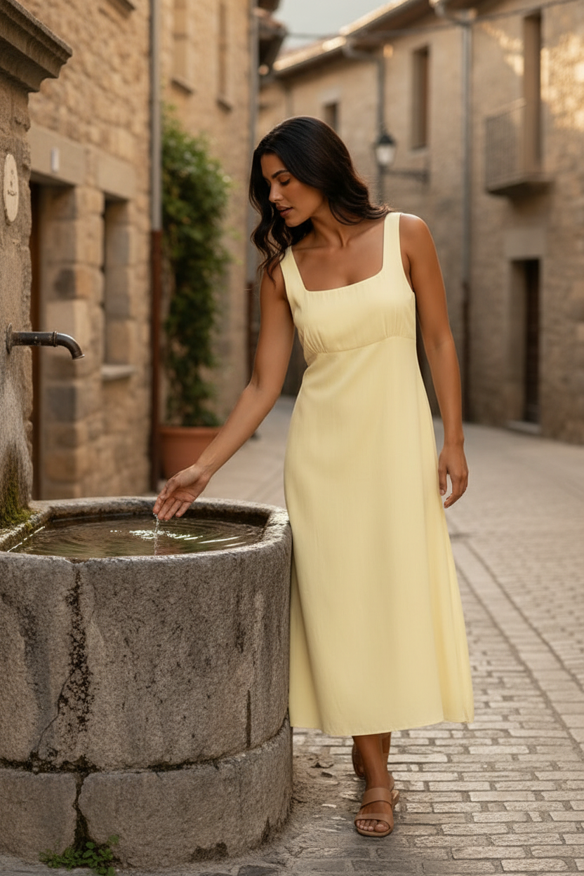 Vestido midi fluido en amarillo claro con tirantes anchos, escote cuadrado y sandalias planas, combinado con bolso de rafia en una calle de piedra de inspiración mediterránea. Un look de moda femenina elegante, casual chic y estilo francés perfecto para verano. STRANNA