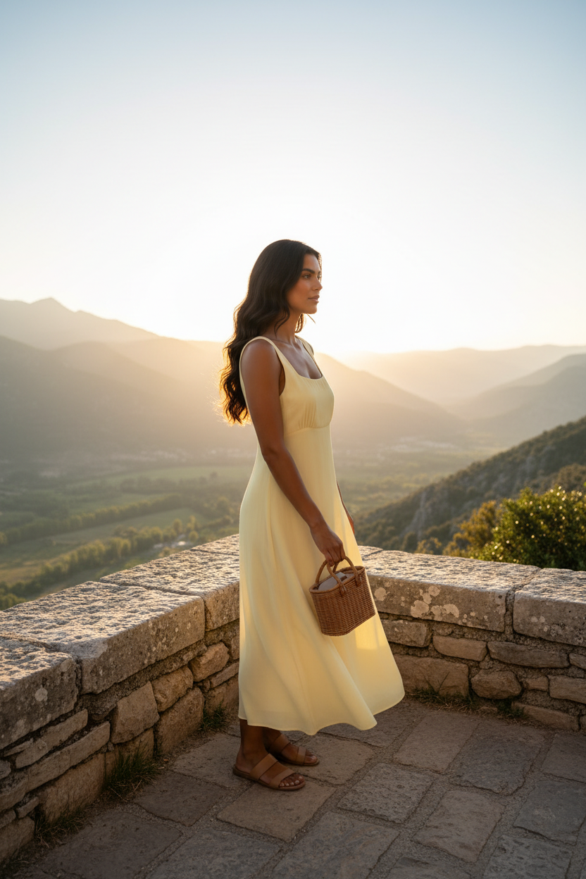 Vestido fluido en amarillo claro con tirantes anchos y escote cuadrado, combinado con sandalias planas y bolso de rafia en un mirador con vistas a la montaña. Un look de moda femenina elegante, vestidos fluidos para mujer y estilo francés para verano. STRANNA