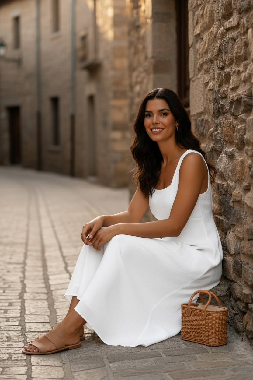 Vestido midi blanco de viscosa con tirantes anchos, escote cuadrado y falda de caída fluida, combinado con sandalias planas y bolso de rafia en una calle de piedra. Un look de moda femenina elegante, casual chic y estilo francés para verano. STRANNA