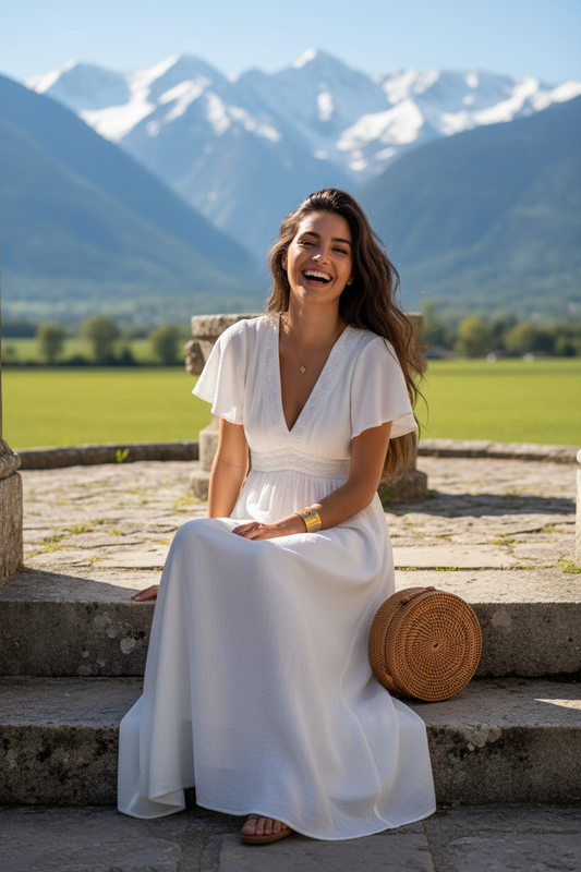 Mujer sentada con vestido largo blanco de algodón y caída fluida, look de moda mediterránea mujer ideal para un outfit elegante mujer con inspiración de estilo francés mujer. STRANNA