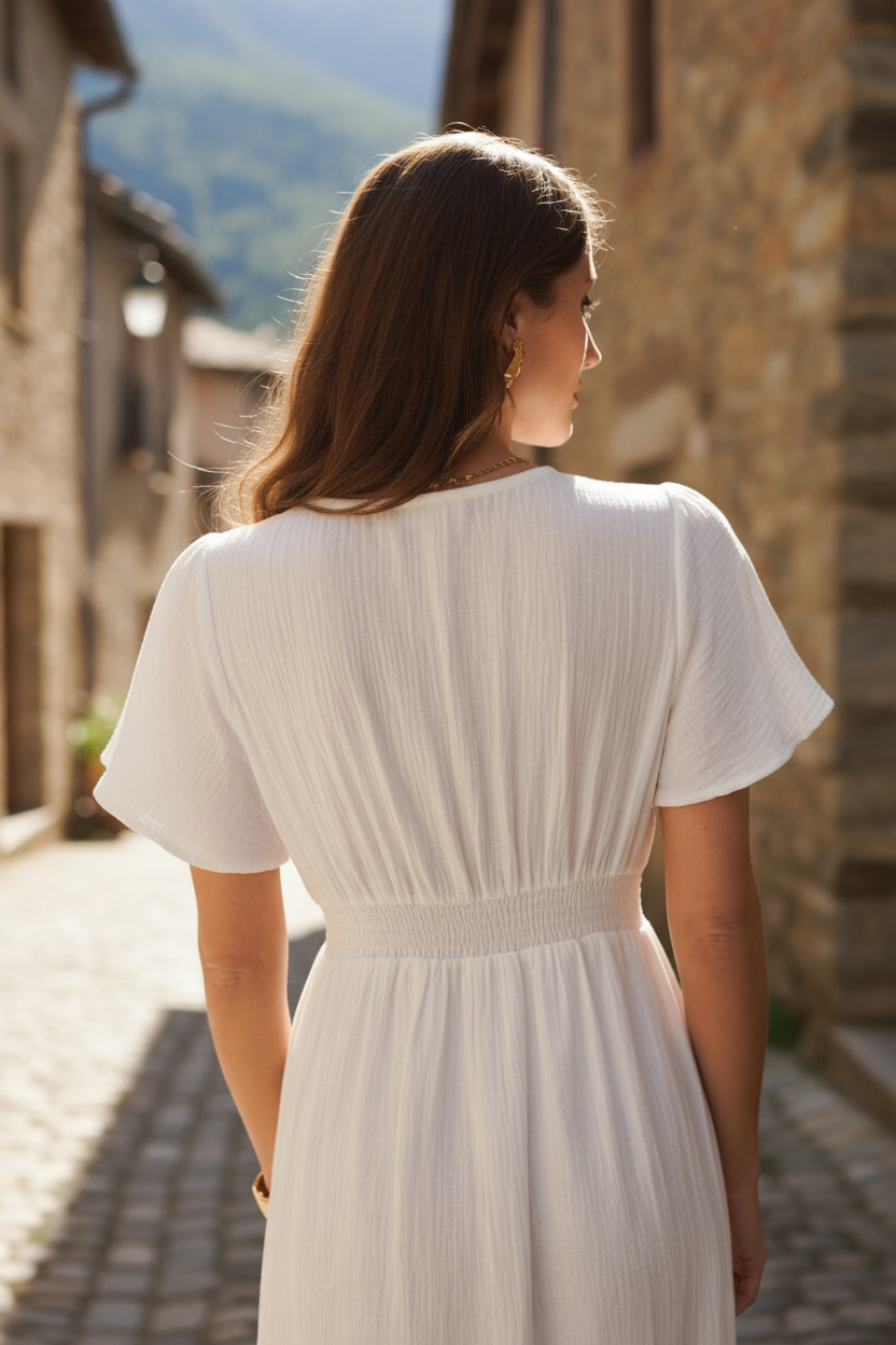 Vista trasera de vestido largo blanco con caída fluida y diseño femenino, inspirado en la elegancia de la moda mediterránea mujer y el estilo francés mujer. STRANNA