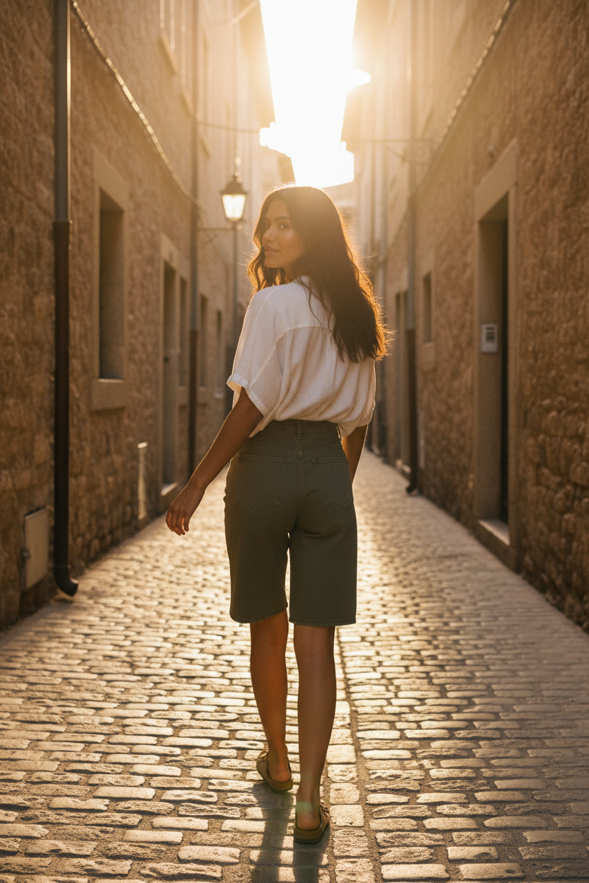 Mujer caminando por calle empedrada con estilo francés y estética mediterránea, propuesta de outfit elegante mujer para verano, STRANNA