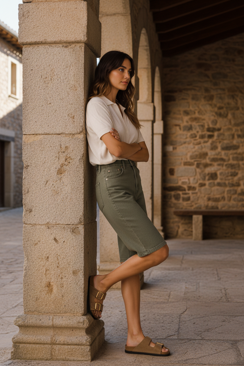Mujer con estilo francés y moda mediterránea luciendo un look casual chic en entorno de piedra natural, inspiración de outfit elegante mujer para verano, STRANNA