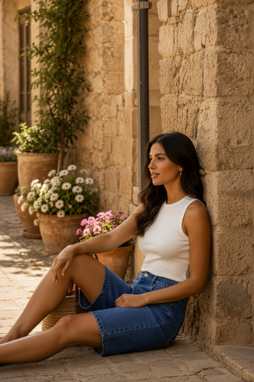 Bermuda denim azul medio de corte recto y tiro medio con camiseta blanca, sandalias y accesorios naturales para un look de moda femenina elegante y atemporal. STRANNA