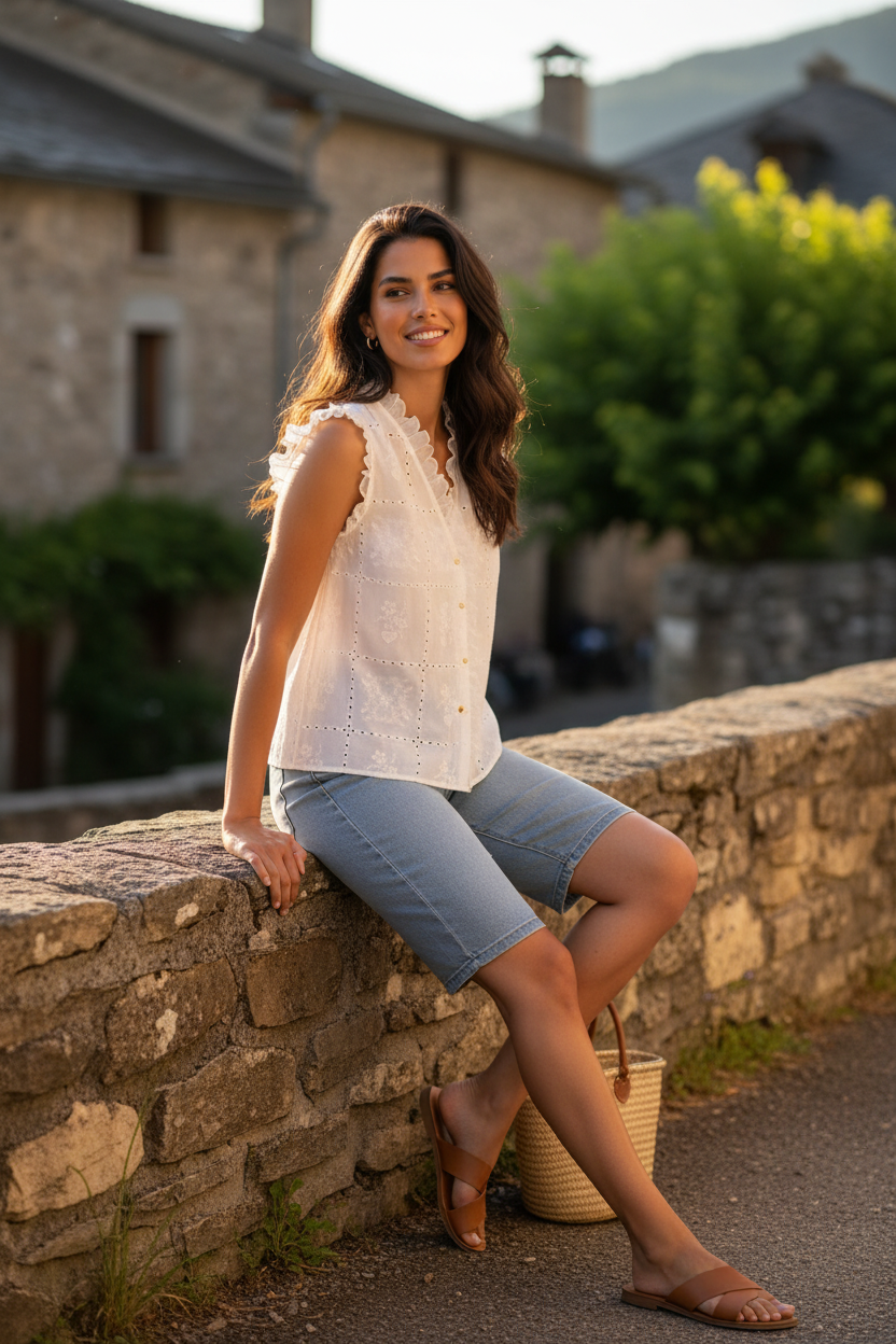 Prenda de algodón 100% con bordado calado, volante delicado en hombros y escote en V acompañada de bermuda vaquera azul clara. Un outfit elegante mujer con aire relajado y esencia de moda mediterránea mujer. STRANNA