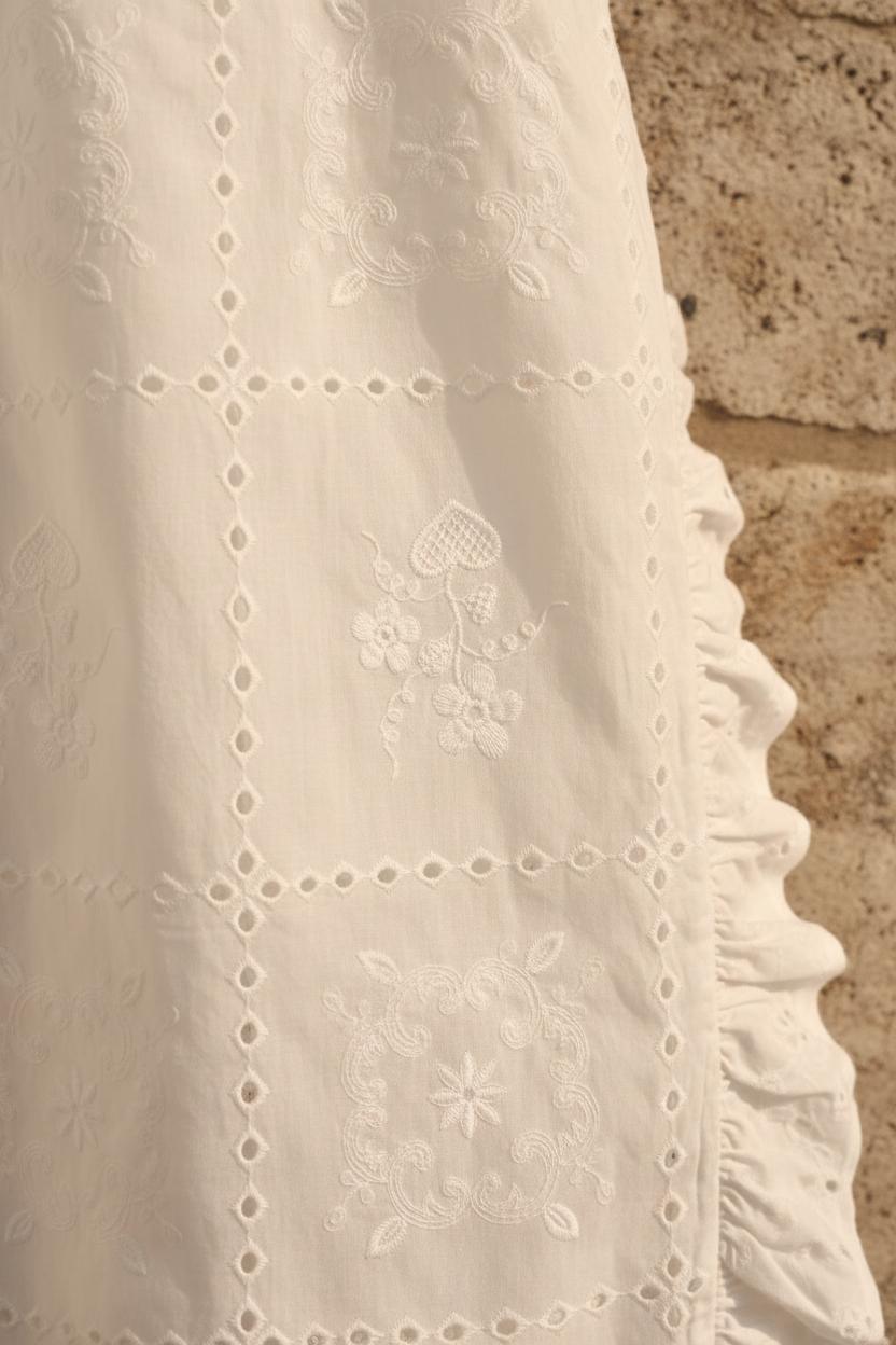 Detalle del tejido bordado calado en algodón con acabado floral y volante delicado, reflejando la esencia de las blusas elegantes mujer. Una propuesta refinada de moda mediterránea mujer con inspiración francesa. STRANNA