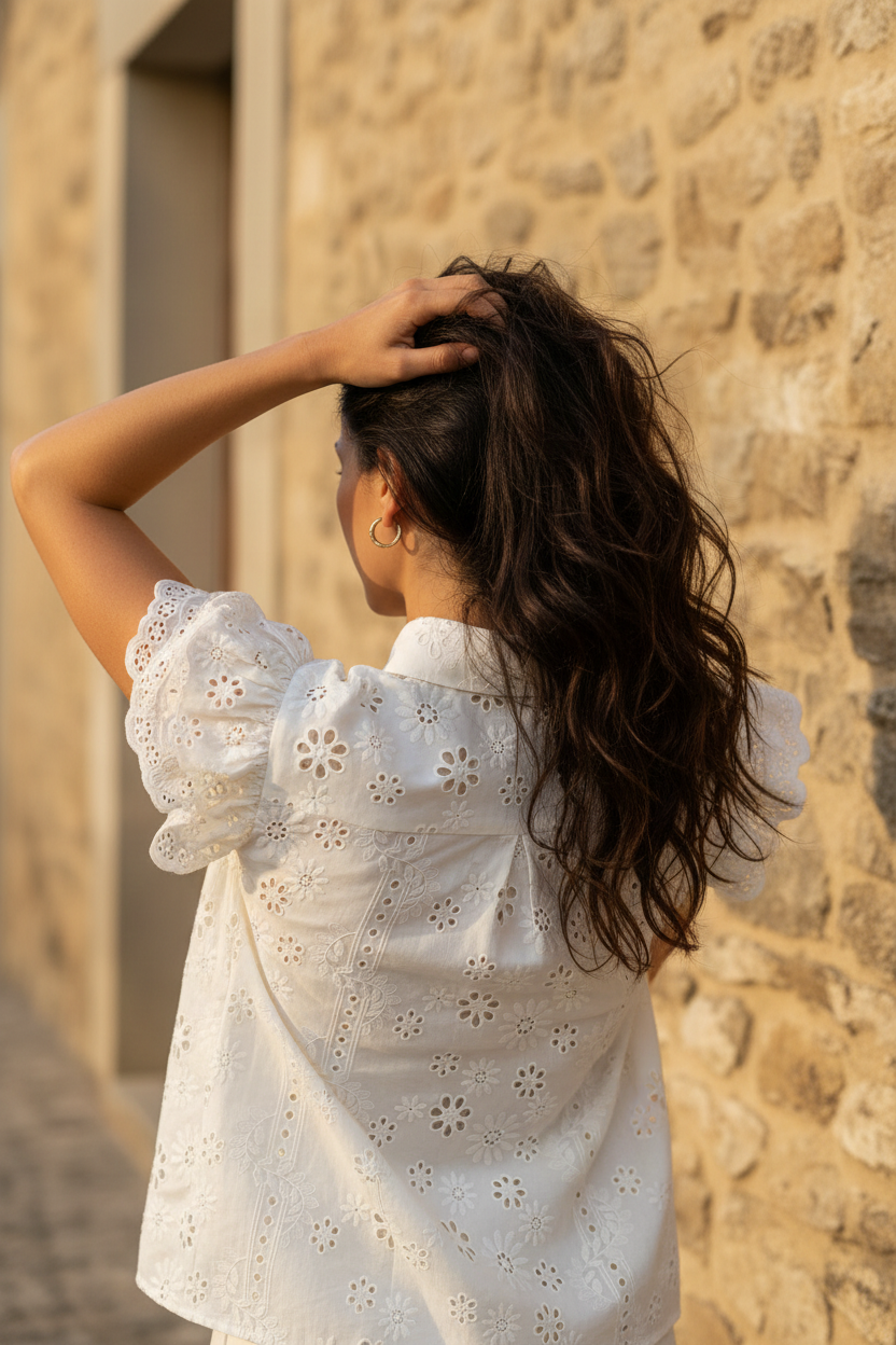 Detalle del bordado calado floral y manga mariposa festoneada en tejido de algodón blanco. Prenda romántica y refinada para completar outfits casual chic mujer con inspiración francesa y mediterránea. STRANNA