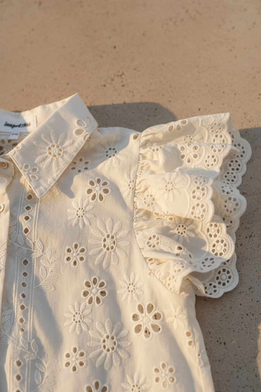 Detalle del tejido bordado calado floral sobre algodón blanco con acabado artesanal y textura elegante. Diseño versátil para combinar con pantalones de lino y crear looks elegantes mujer con personalidad. STRANNA