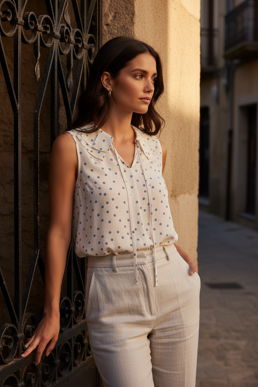 Blusa fluida con estampado clásico de lunares, escote con solapa y detalle de lazo al frente acompañada de pantalón beige fluido. Un look casual chic mujer que combina elegancia relajada y esencia de moda mediterránea mujer. STRANNA