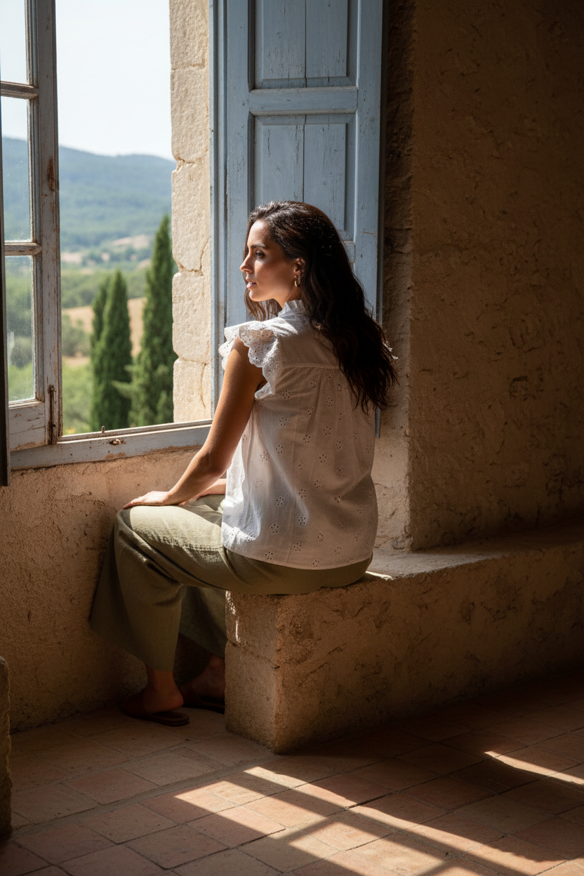 Blusa blanca de algodón con delicado bordado calado y manga mariposa, combinada con pantalón verde oliva en un ambiente de luz natural. Un outfit elegante y relajado inspirado en el sur de Francia, perfecto para moda femenina casual chic. STRANNA