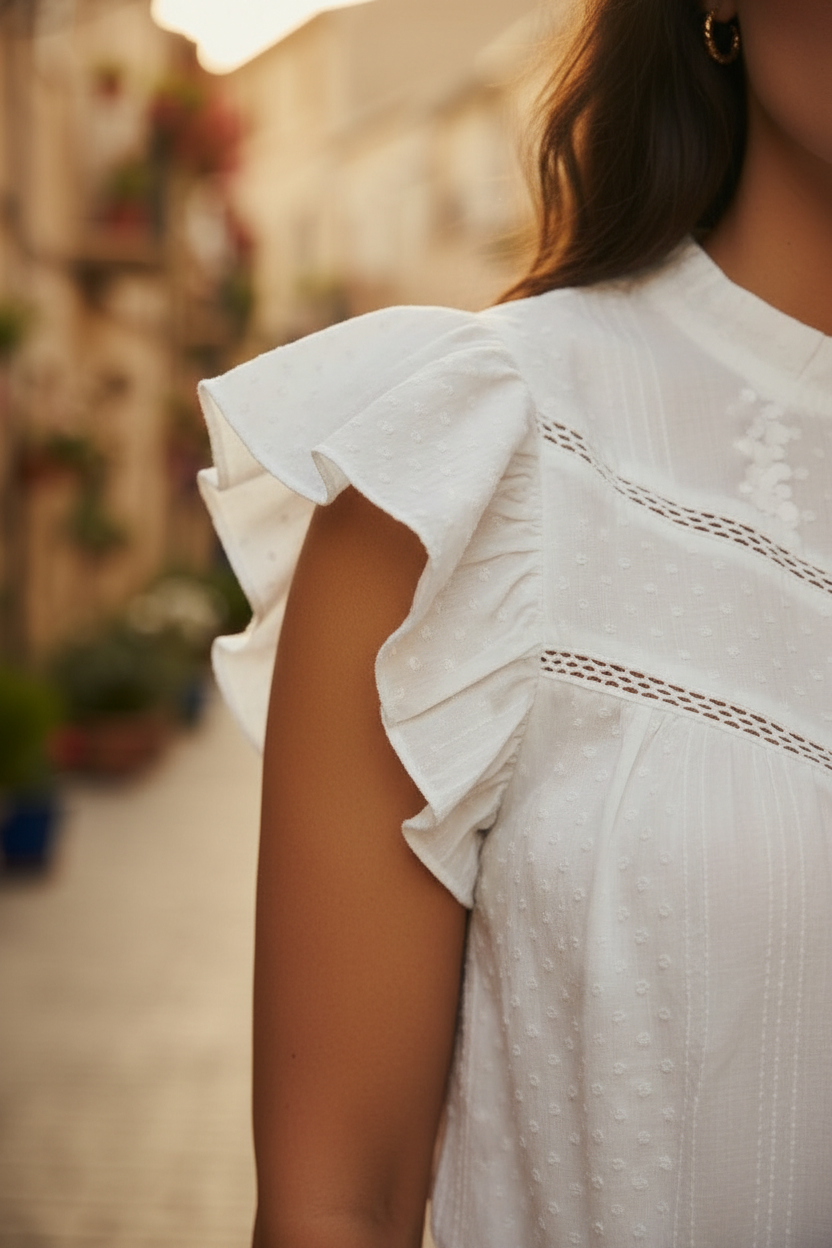 Blusa blanca estilo francés mujer Camille — moda mediterránea STRANNA