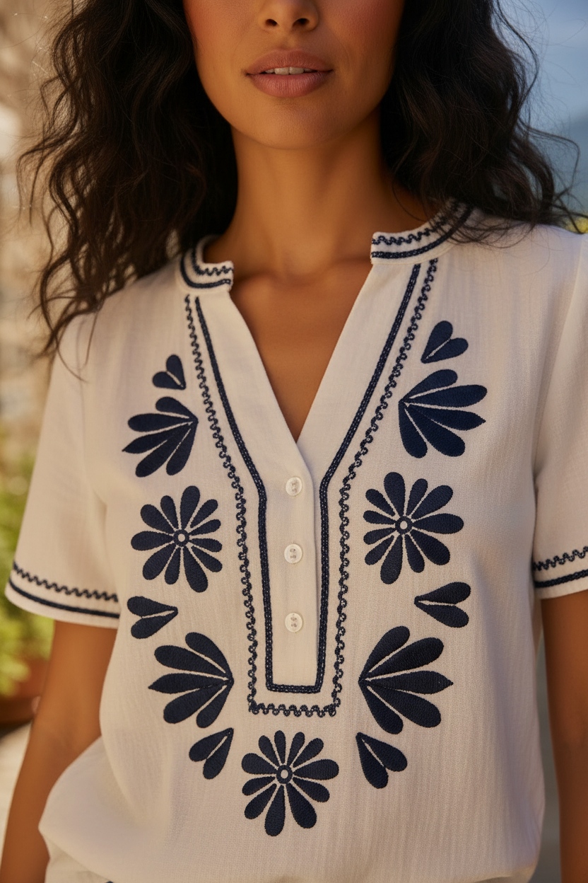 Detalle artesanal de inspiración mediterránea sobre tejido natural, reflejo de moda femenina elegante y estilo francés, STRANNA