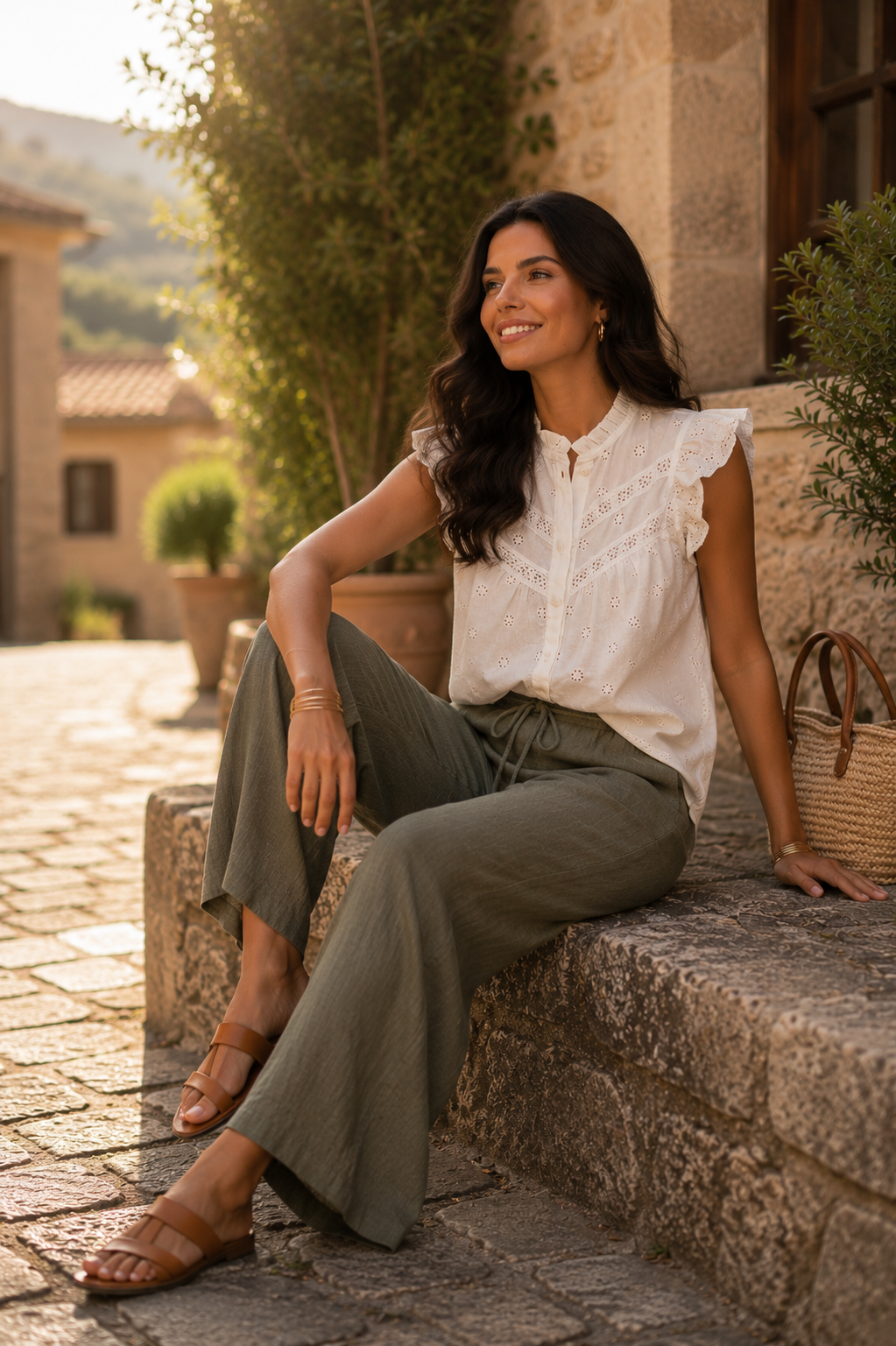 Blusa elegante de algodón con bordado calado floral, manga mariposa con volante festoneado y cuello mao fruncido, combinada con pantalón fluido verde oliva, sandalias planas de piel y pulseras doradas en un look casual chic de inspiración francesa para verano. Moda femenina elegante y estilo mediterráneo. STRANNA