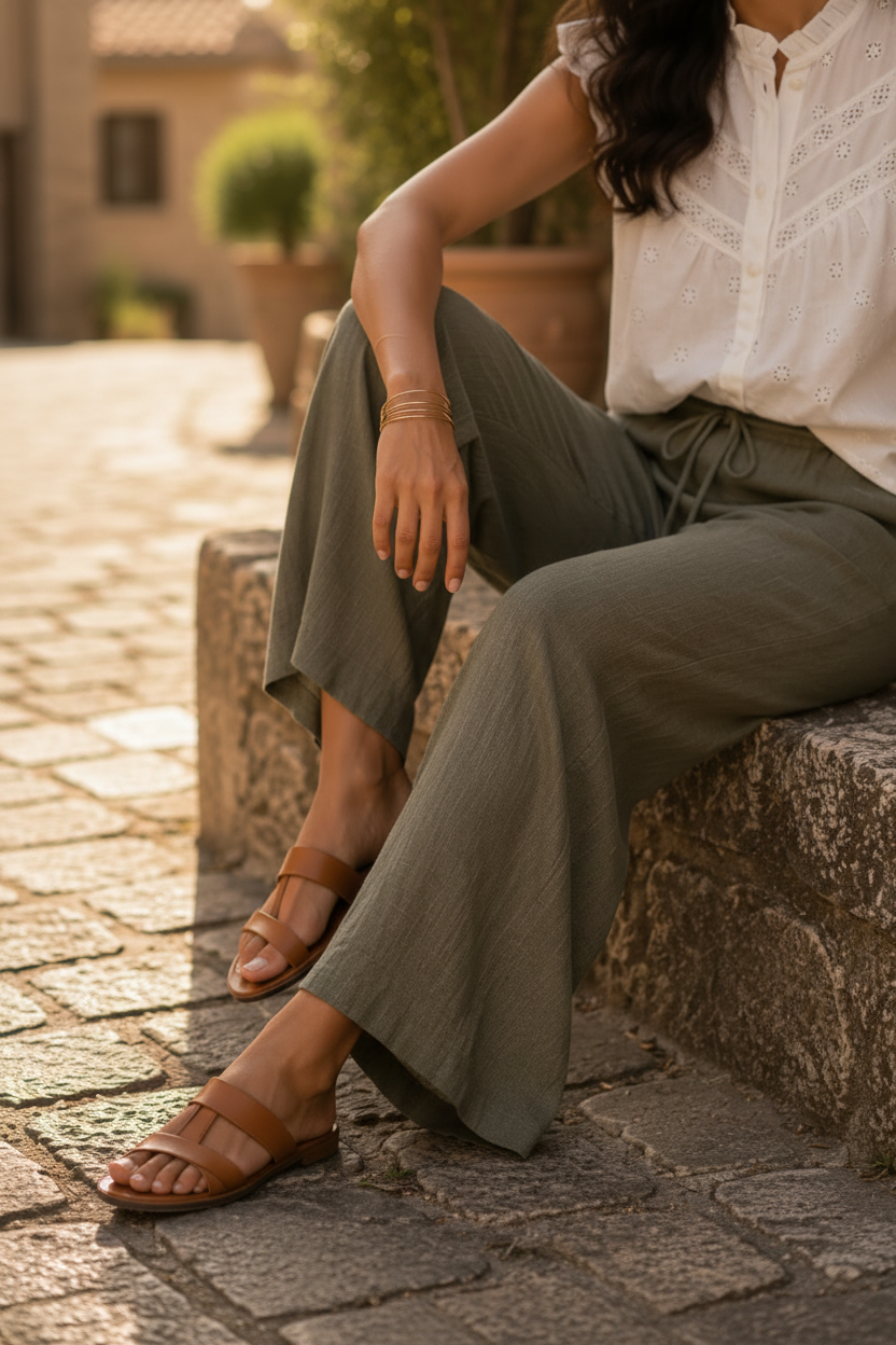 Outfit de verano con blusa de algodón bordada, pantalón fluido verde oliva, bolso de rafia y sandalias planas. Un conjunto cómodo y sofisticado de inspiración mediterránea que refleja el estilo francés y la moda femenina elegante. STRANNA